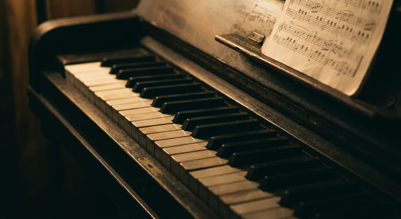 Gros plan sur un clavier de piano dans une lumière chaude, une partition manuscrite floue au second plan.